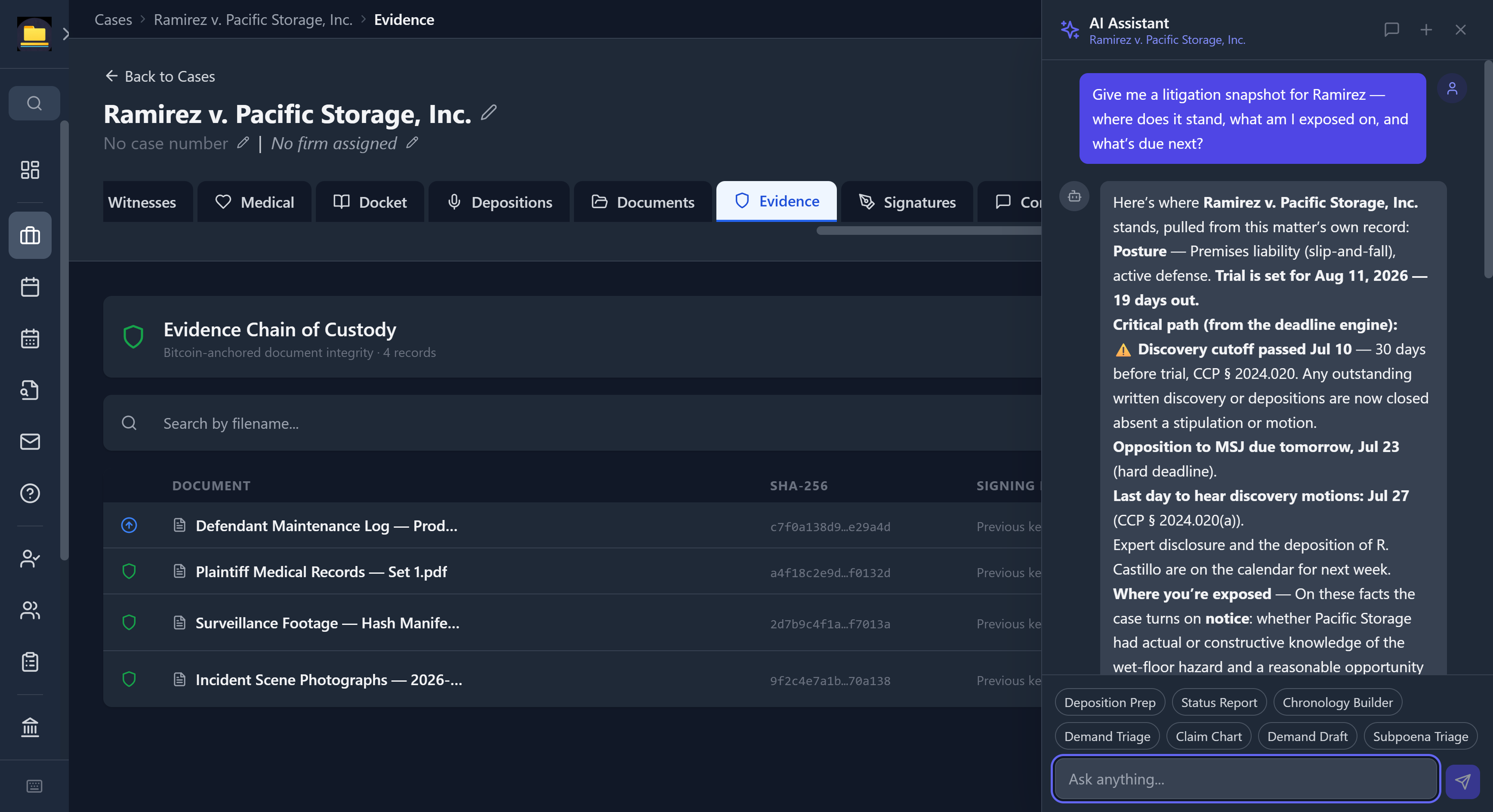CaseDesk AI assistant giving a case-aware litigation snapshot for a premises liability matter, citing CCP 2024.020, with legal skill shortcuts