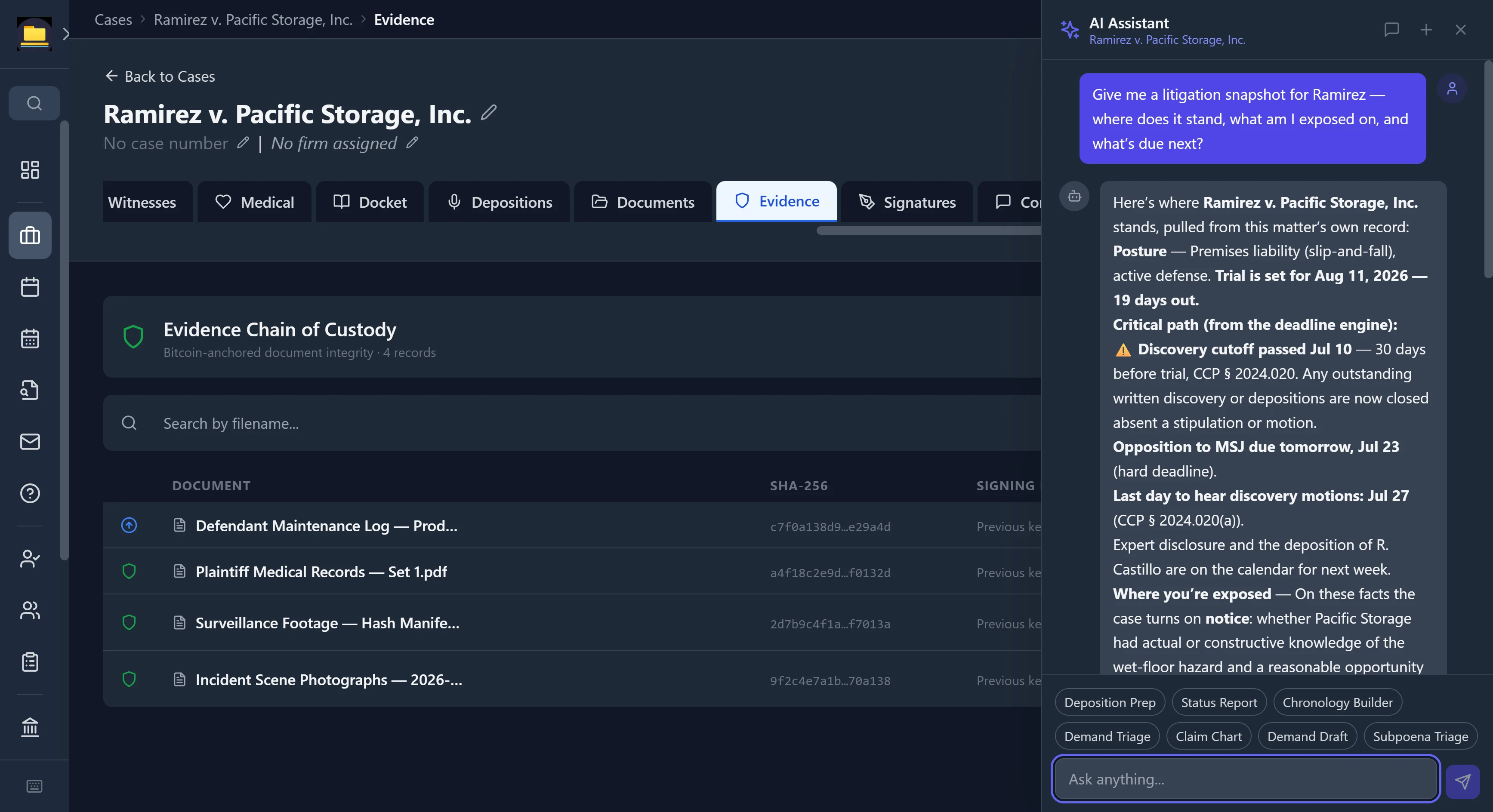CaseDesk AI assistant giving a case-aware litigation snapshot for a premises liability matter, citing CCP 2024.020, with legal skill shortcuts
