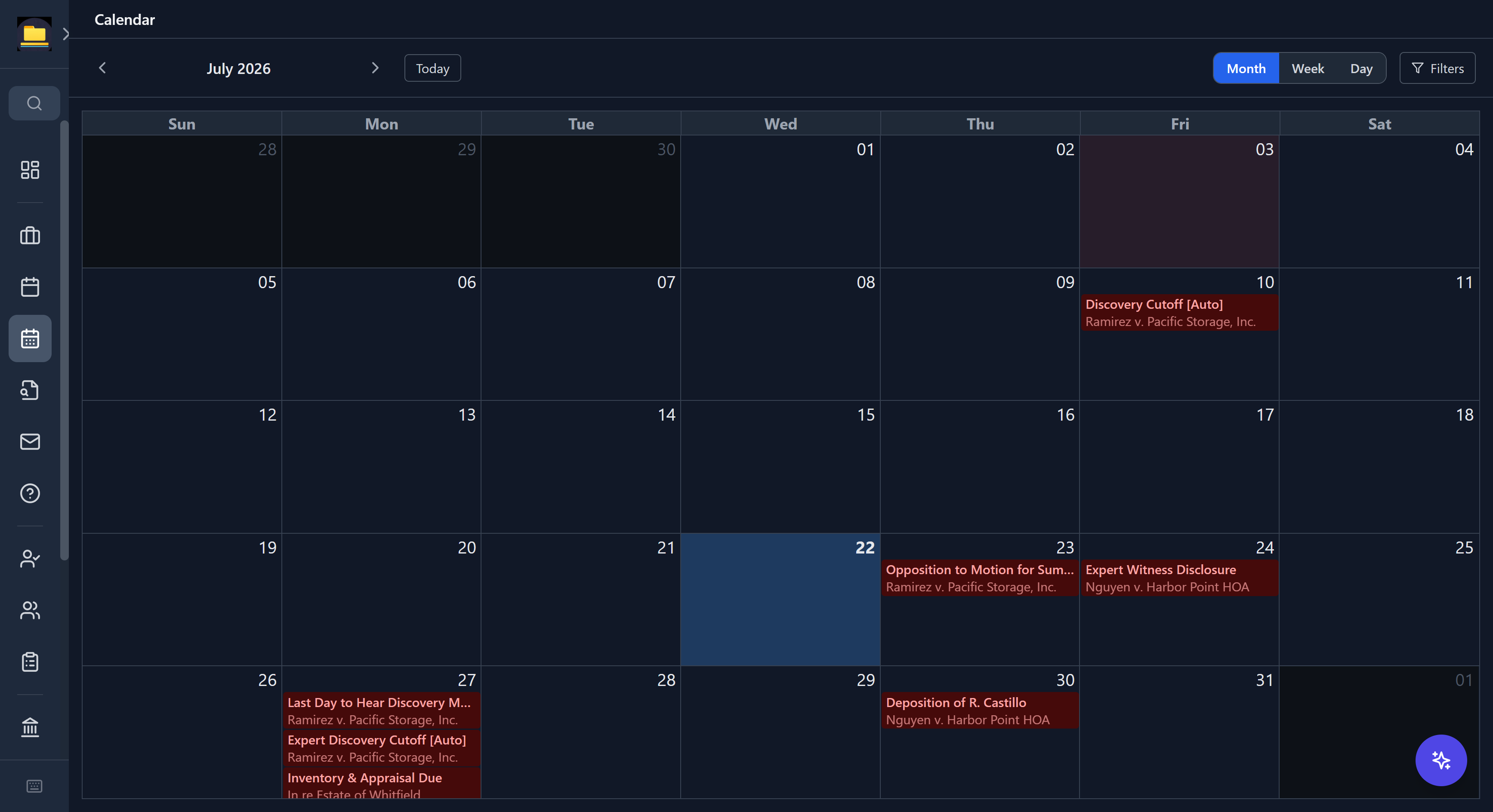CaseDesk calendar month view with deadlines across multiple cases