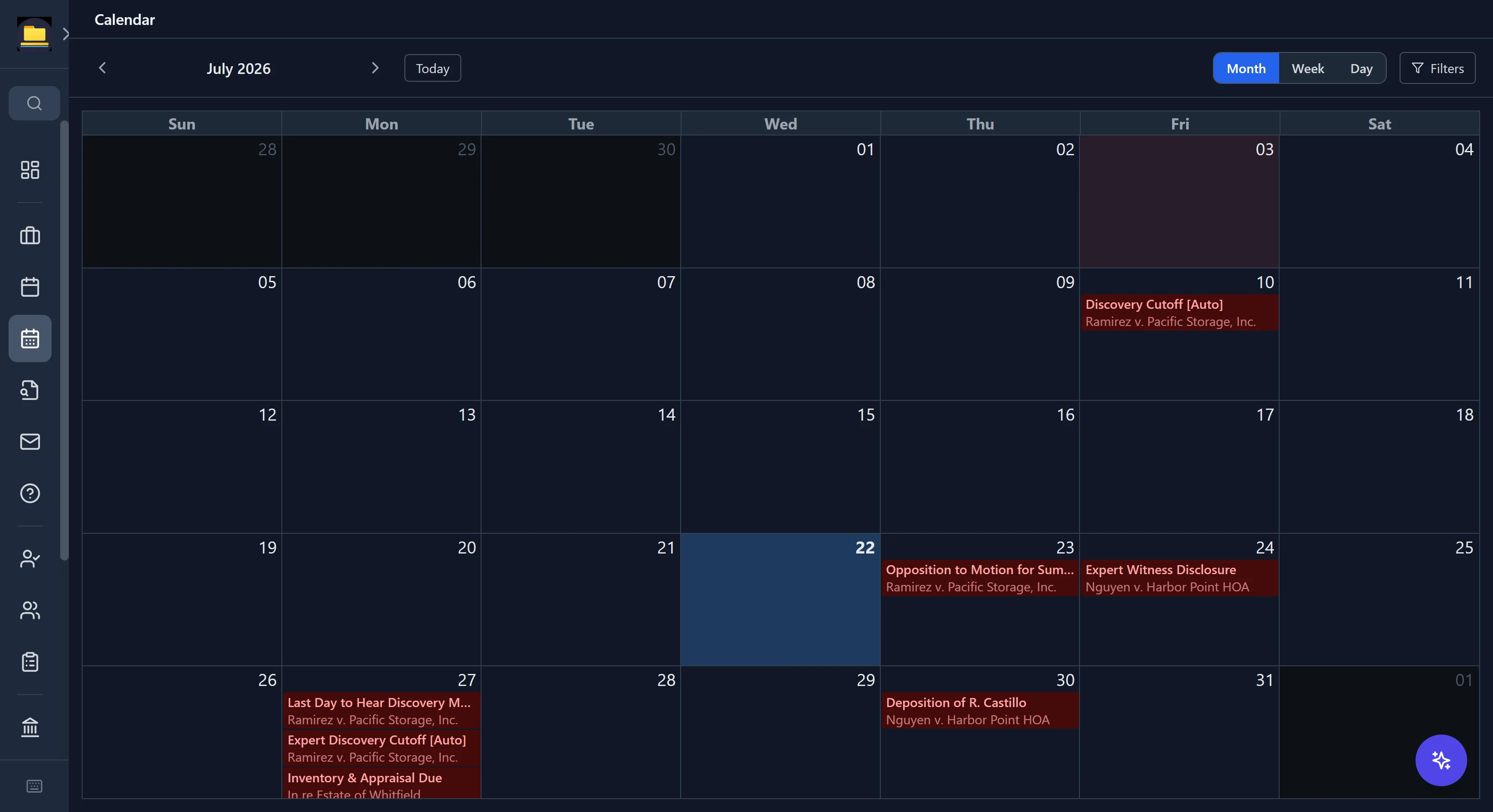 CaseDesk calendar month view with deadlines across multiple cases