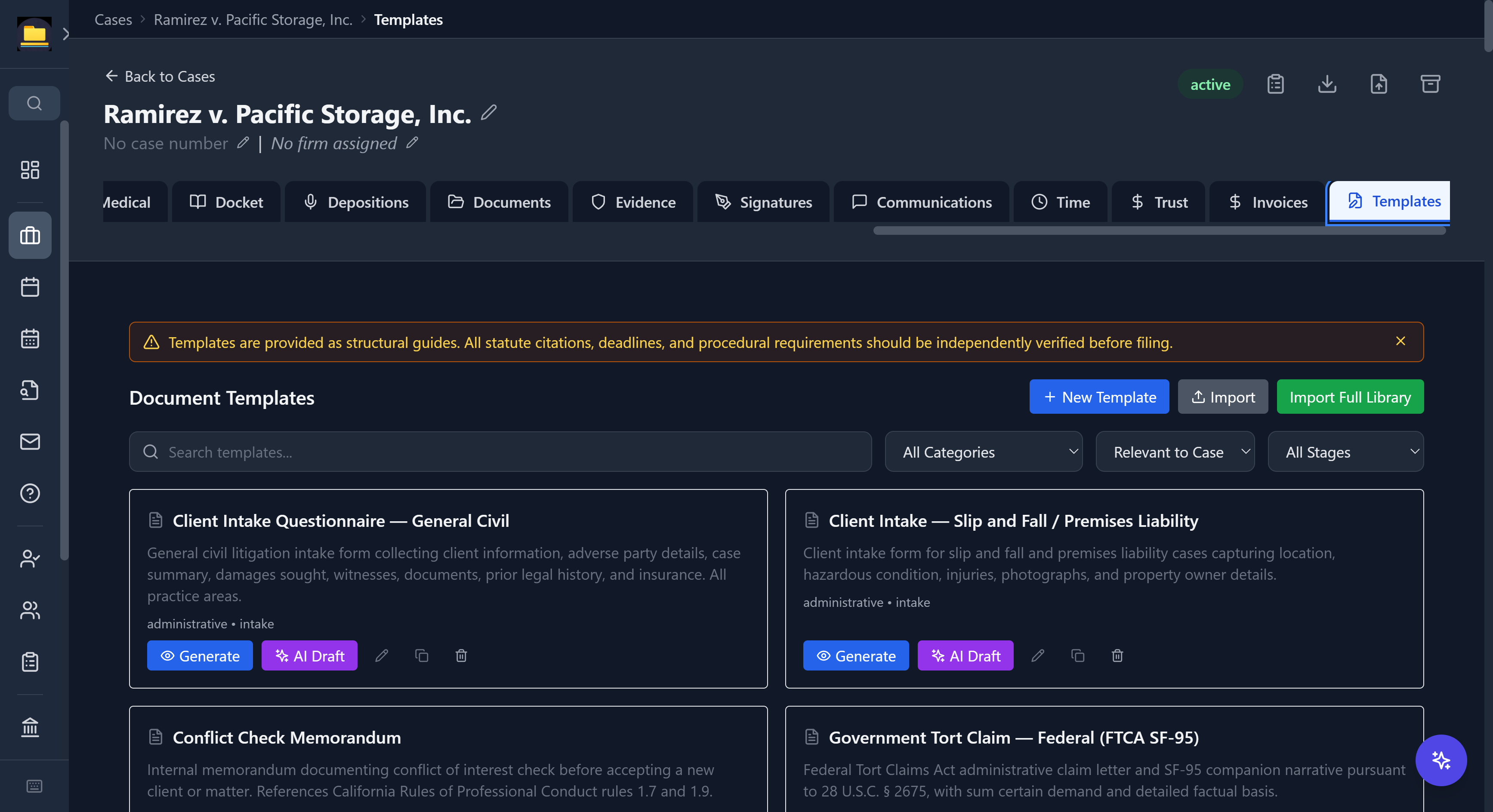CaseDesk document templates filtered to the open case, with Generate and AI Draft buttons and a verify-before-filing banner