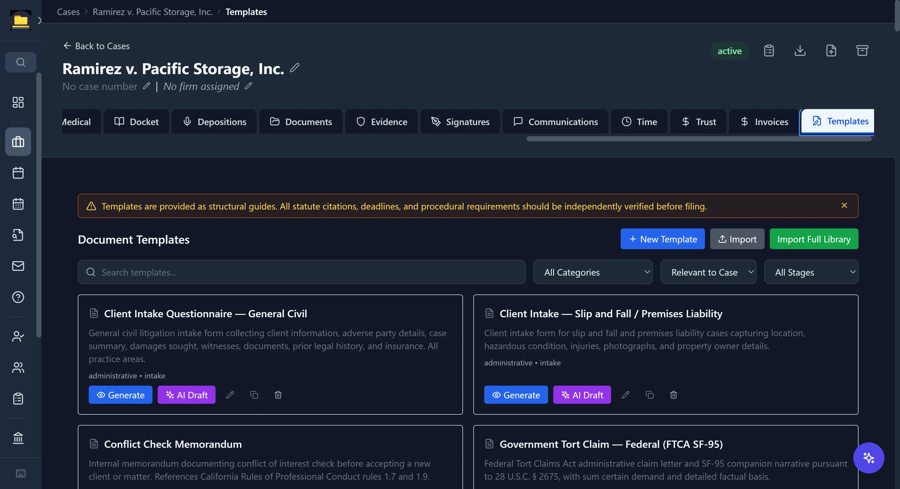 CaseDesk document templates filtered to the open case, with Generate and AI Draft buttons and a verify-before-filing banner