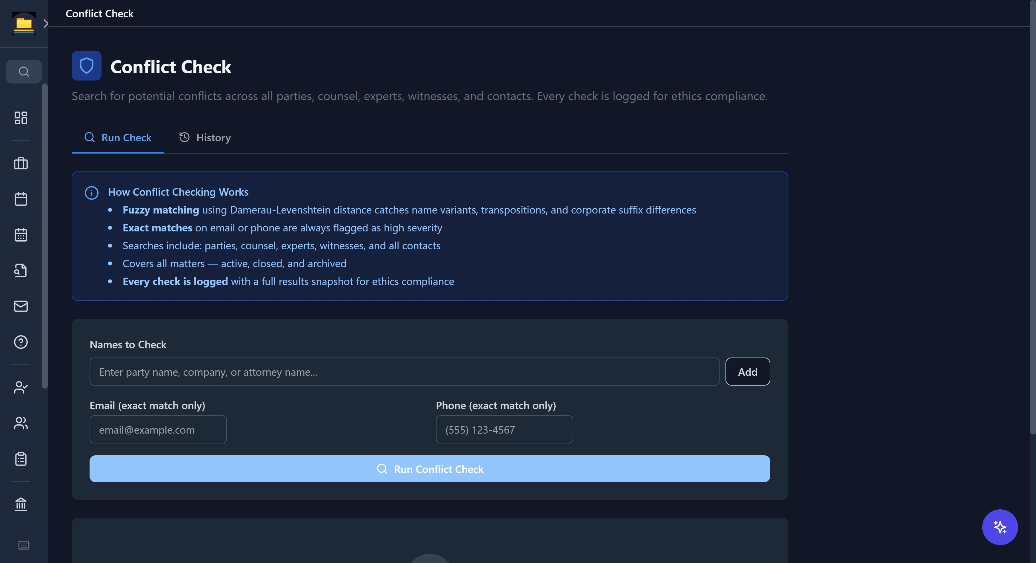 CaseDesk conflict check with fuzzy name matching, exact email and phone flags, and ethics compliance logging