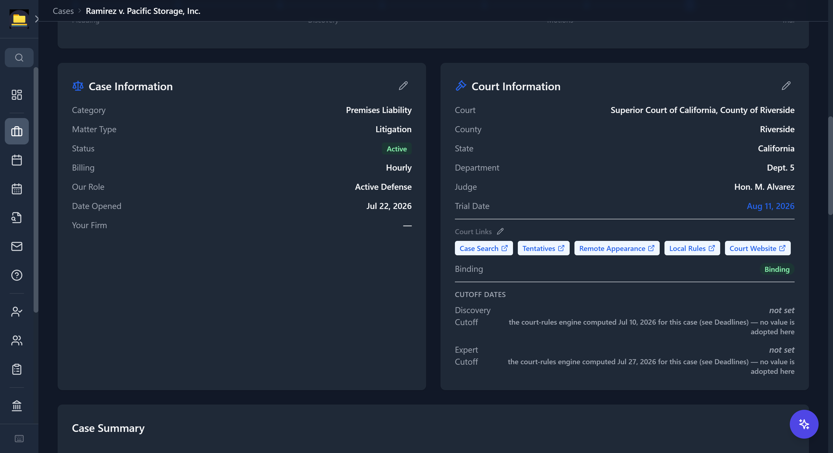 CaseDesk case Court Information panel with one-click Case Search, Tentatives, Remote Appearance, Local Rules, and Court Website links
