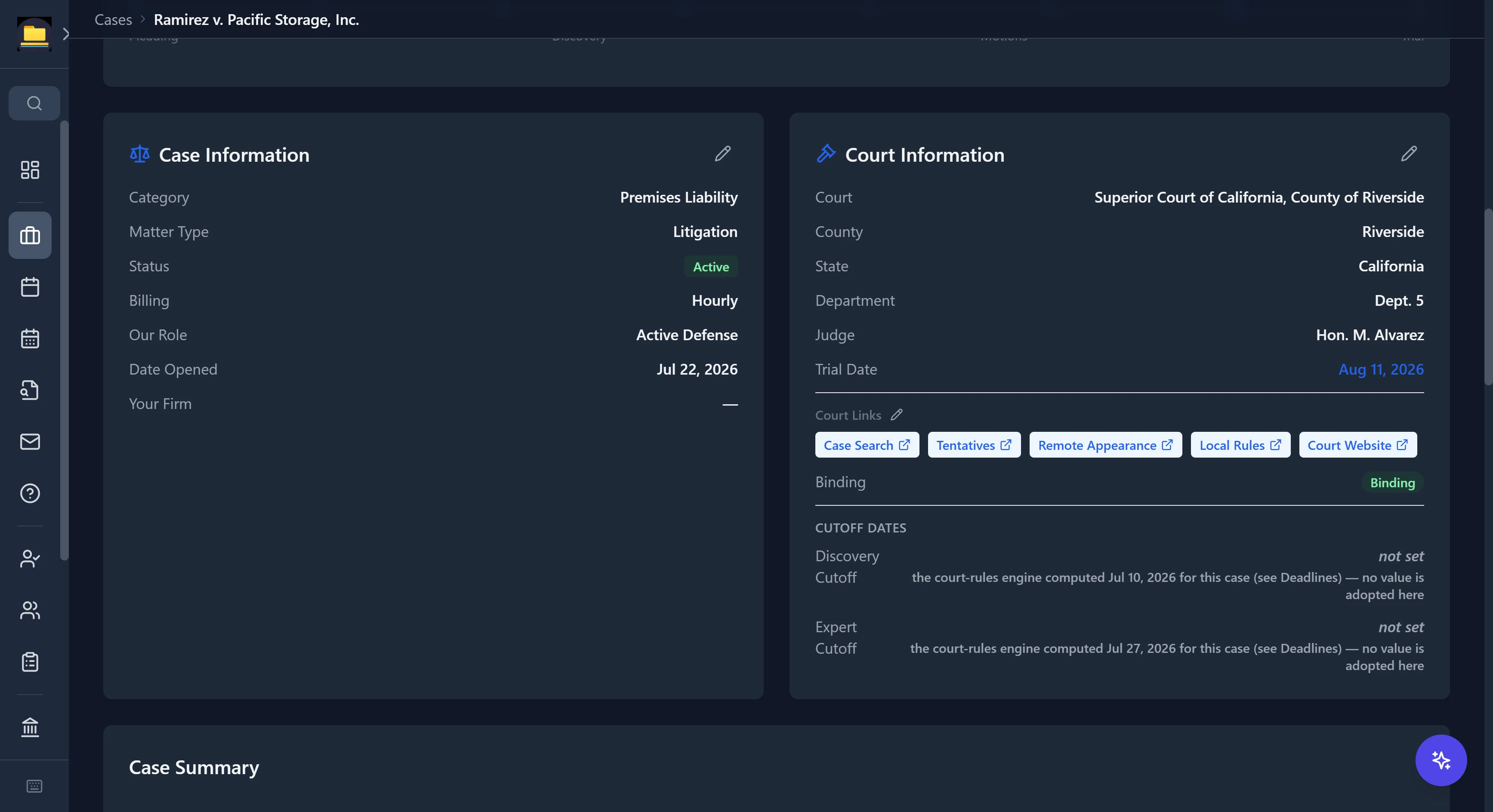 CaseDesk case Court Information panel with one-click Case Search, Tentatives, Remote Appearance, Local Rules, and Court Website links