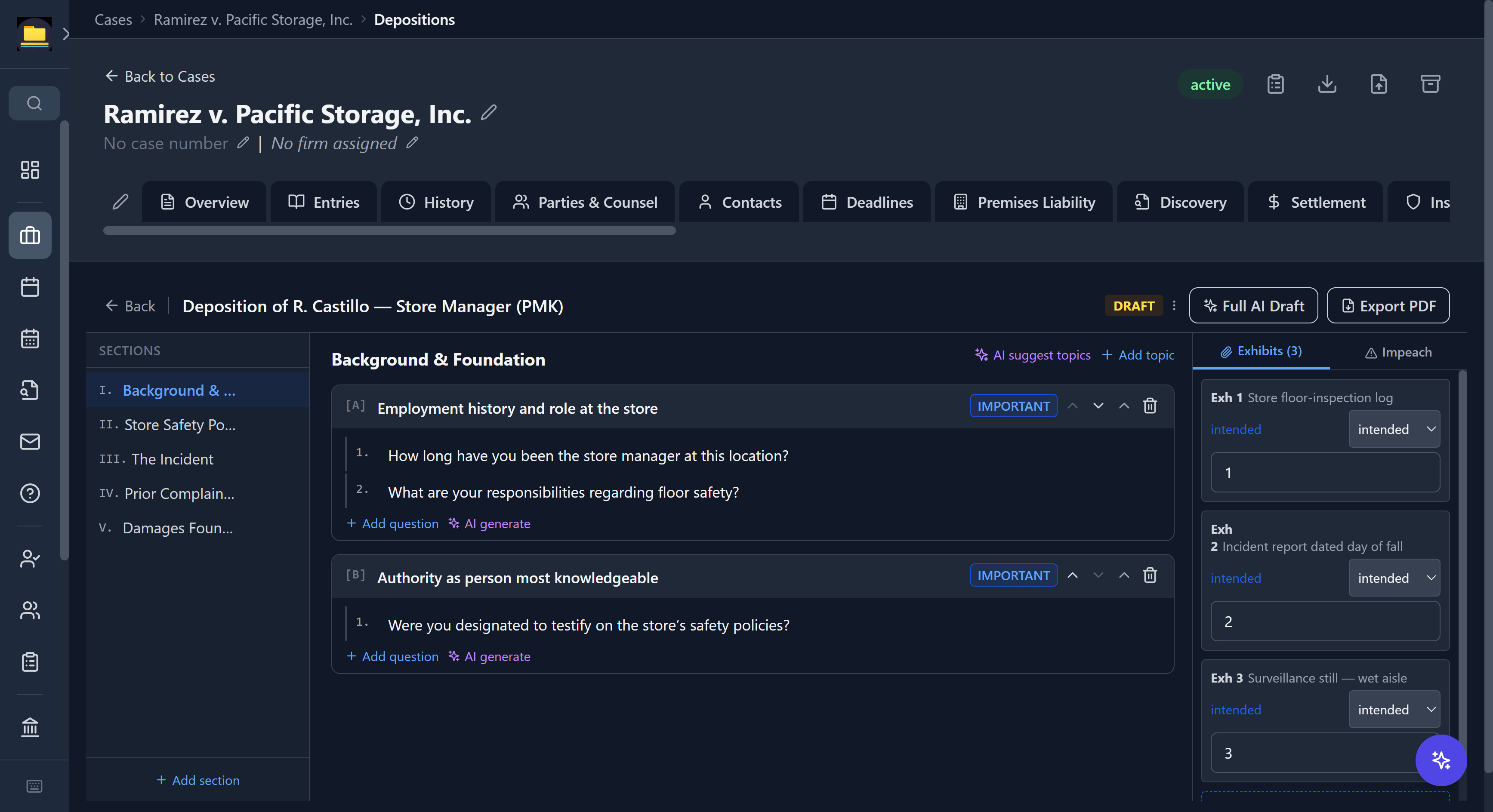 CaseDesk deposition outline builder with a sections panel, topic cards carrying importance flags and questions, and an exhibits and impeachment side panel