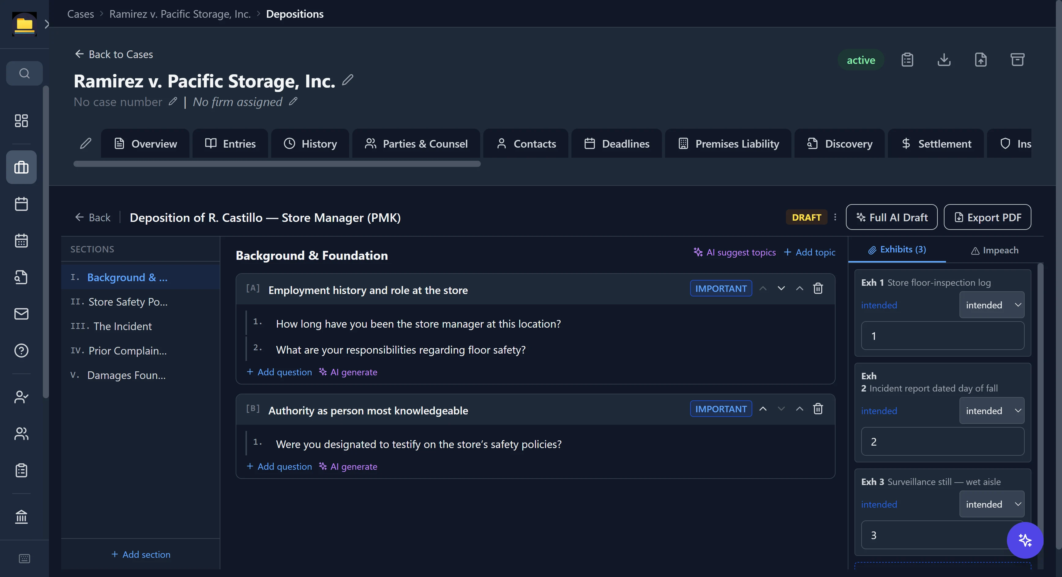 CaseDesk deposition outline builder with a sections panel, topic cards carrying importance flags and questions, and an exhibits and impeachment side panel