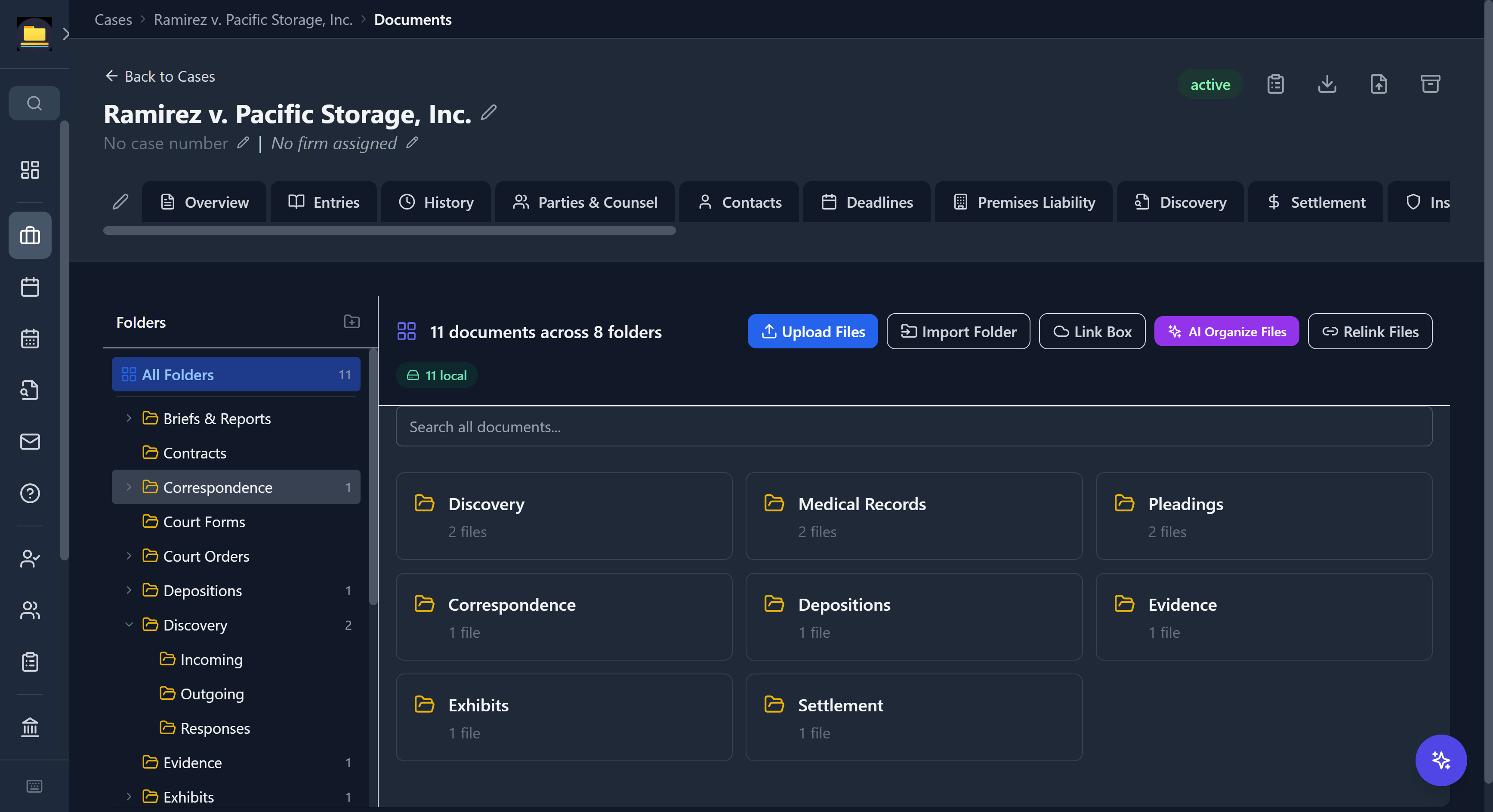 CaseDesk Documents tab with an auto-organized folder grid, per-folder file counts, and an AI Organize Files button