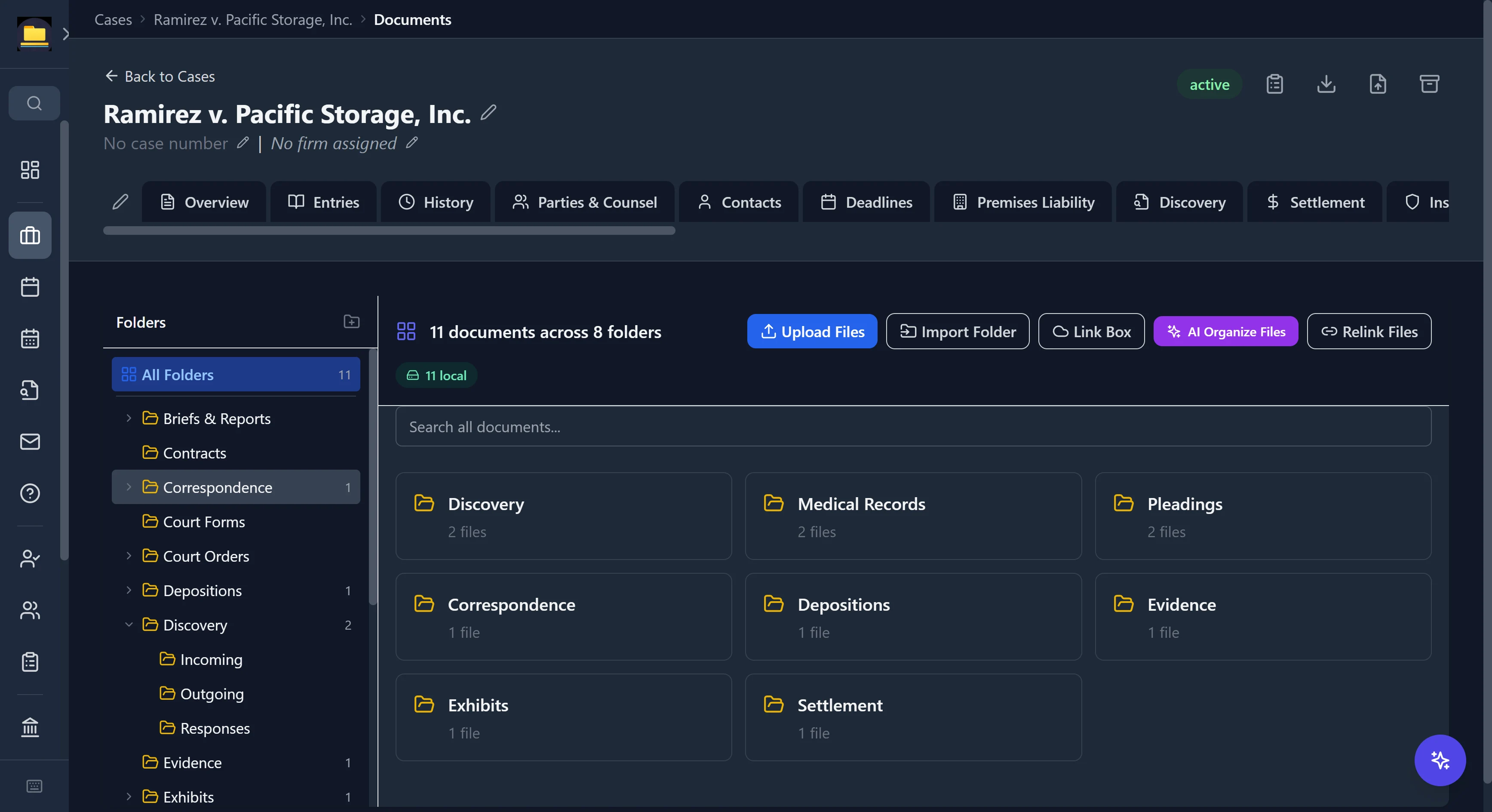 CaseDesk Documents tab with an auto-organized folder grid, per-folder file counts, and an AI Organize Files button