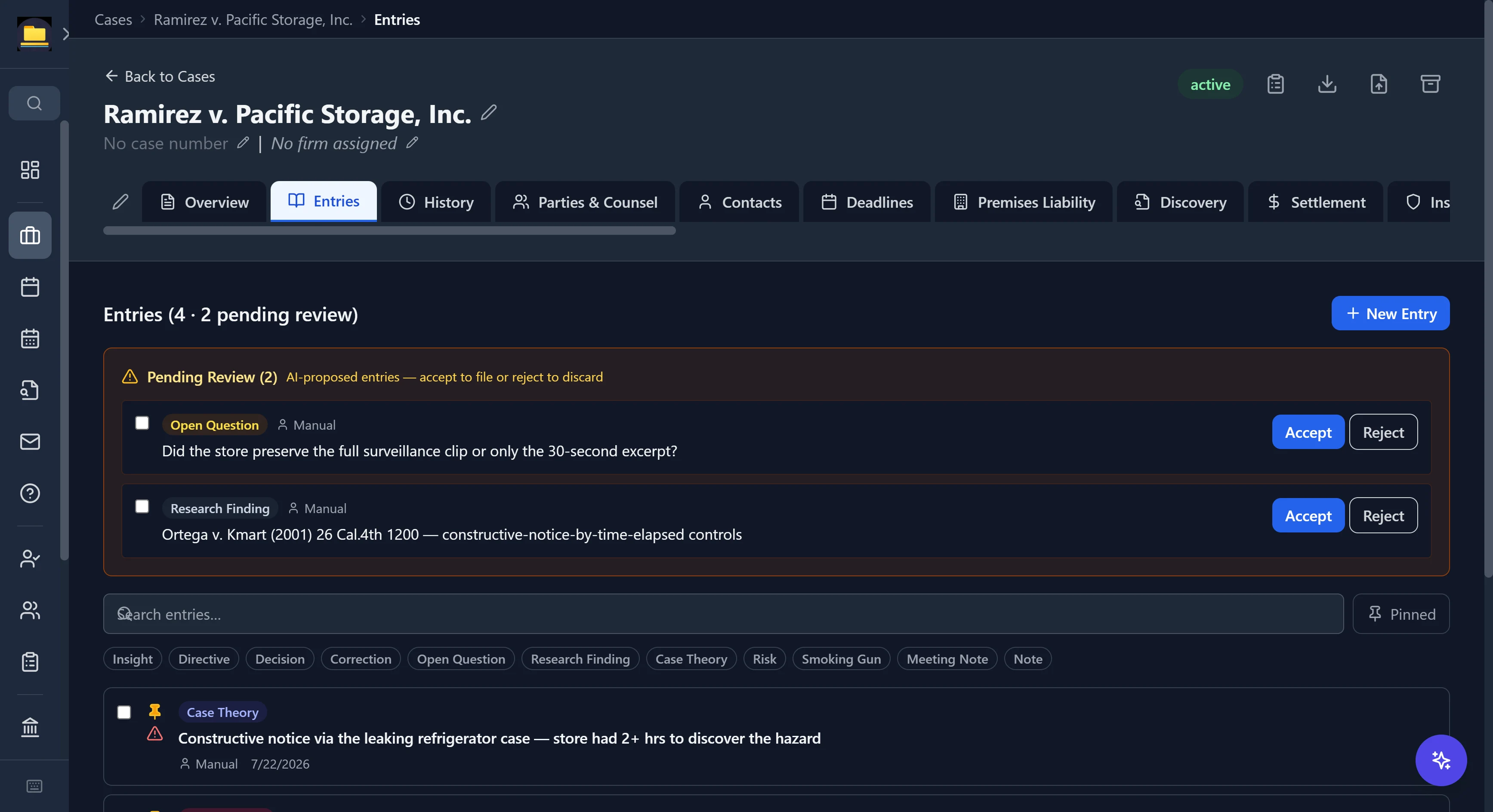 CaseDesk case-memory Entries tab with an AI-proposed review queue, type filter chips, and a pinned critical case-theory entry