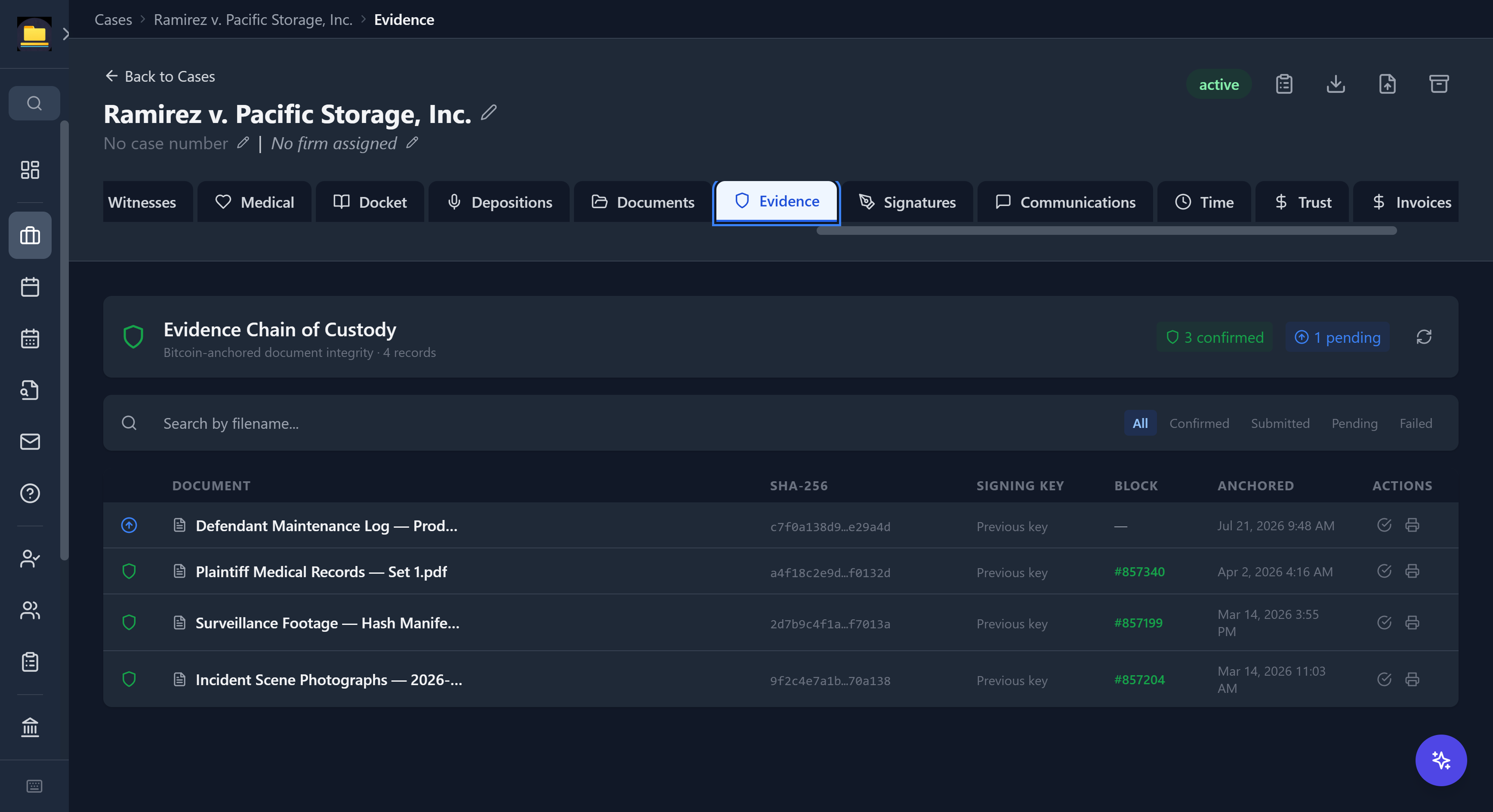 CaseDesk evidence chain of custody: documents anchored to Bitcoin with SHA-256 hashes, signing keys, block heights, and confirmed status