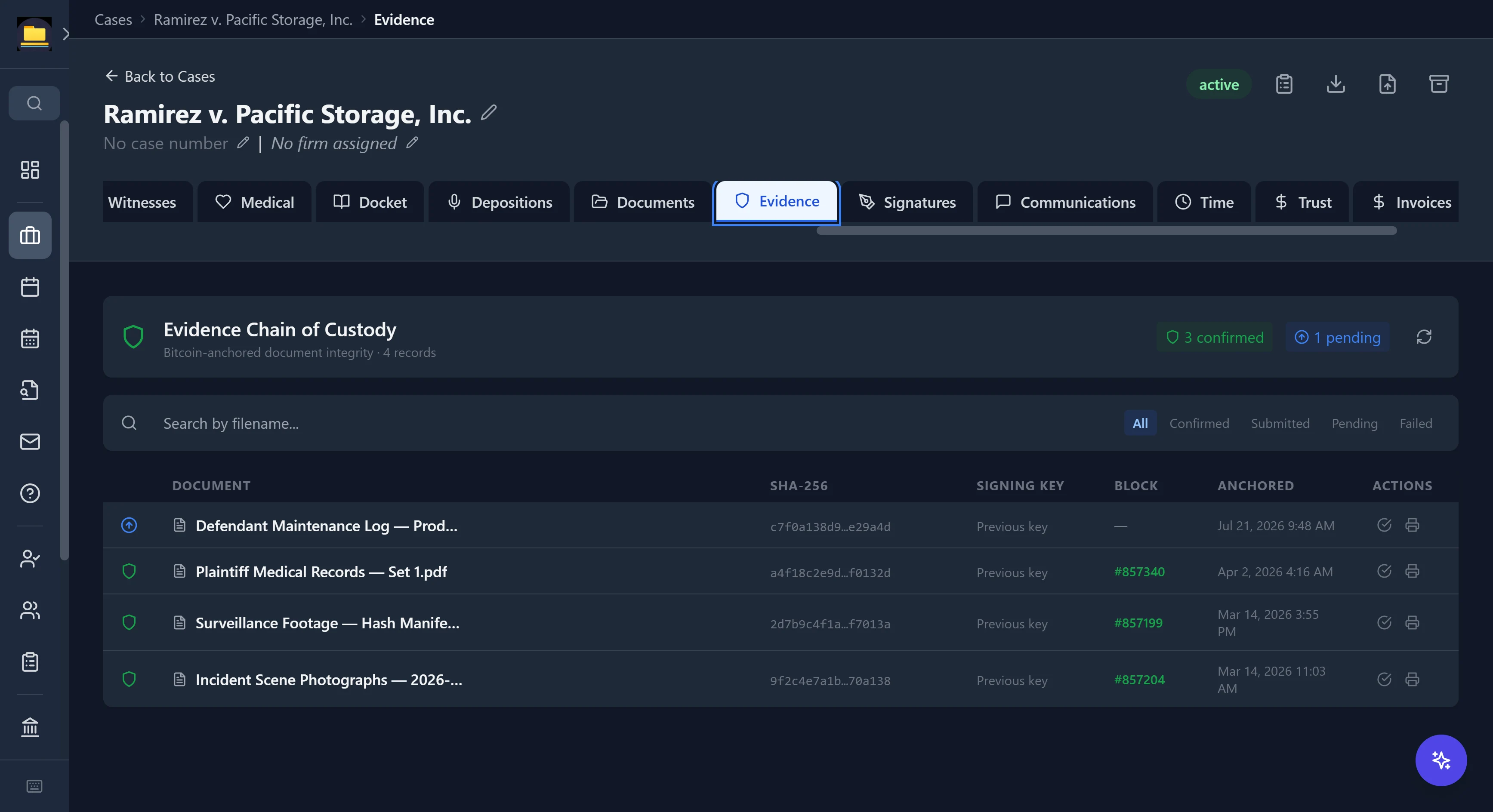 CaseDesk evidence chain of custody: documents anchored to Bitcoin with SHA-256 hashes, signing keys, block heights, and confirmed status
