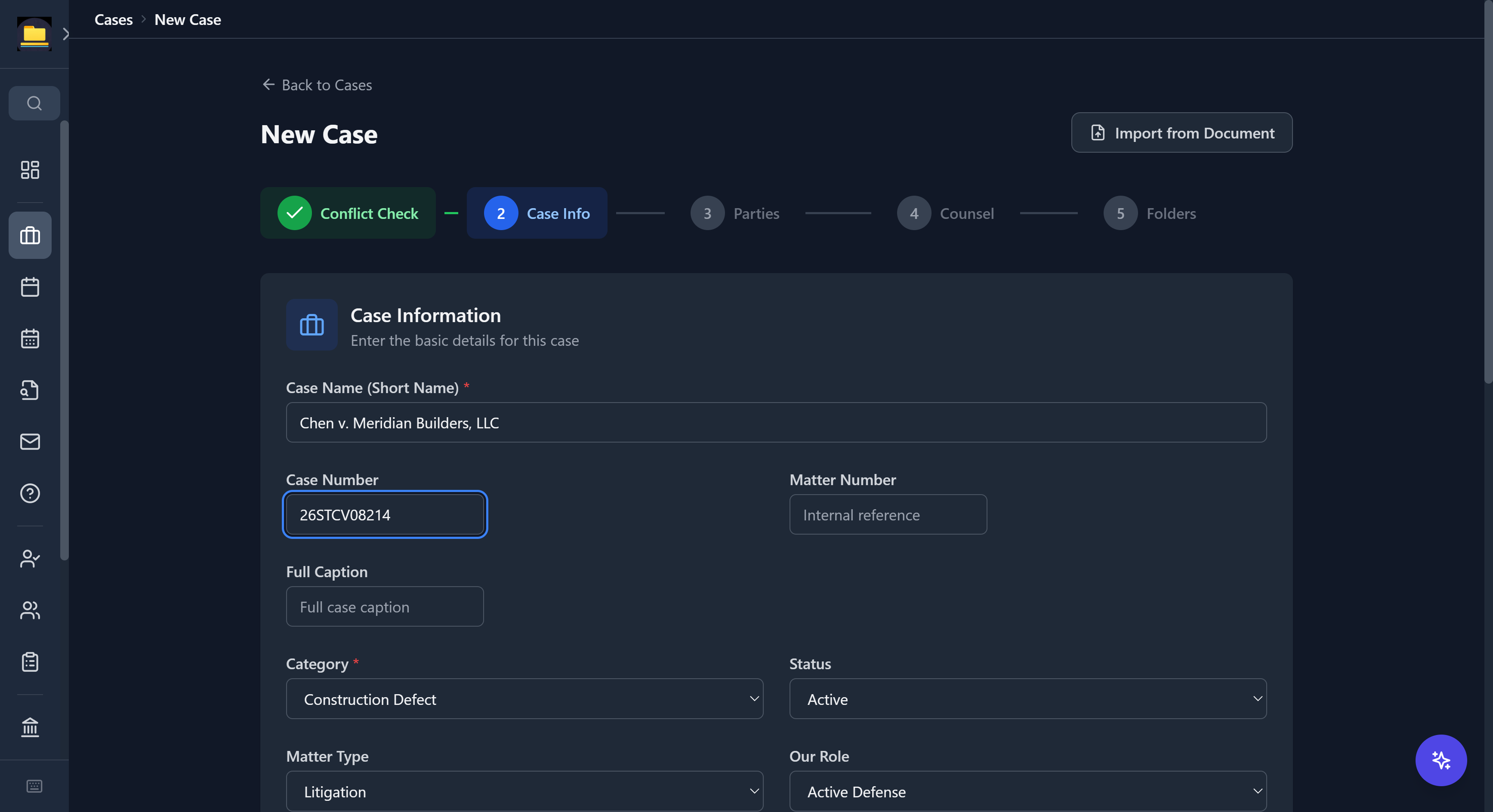 CaseDesk new-case wizard with completed conflict check and case information step