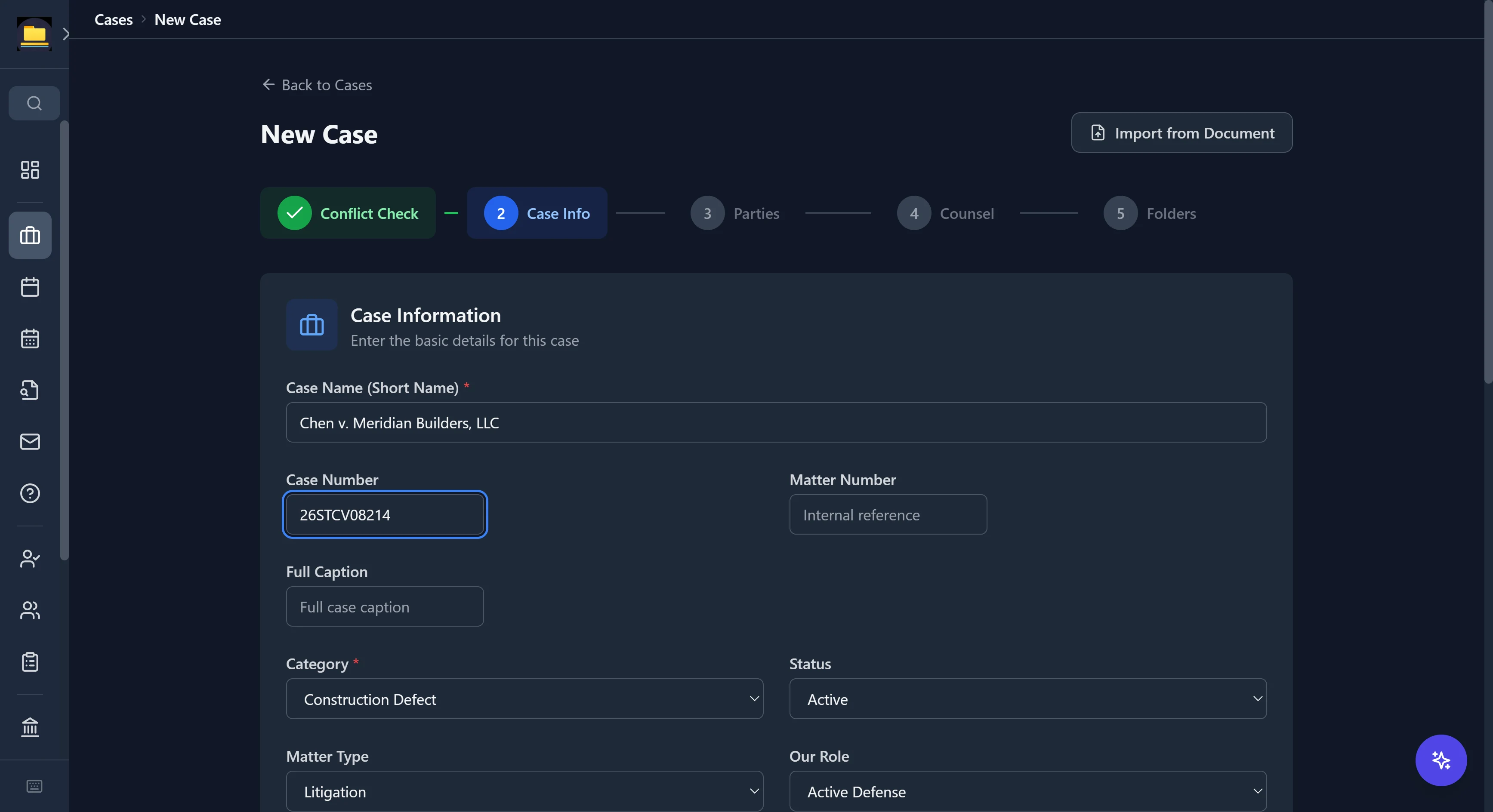 CaseDesk new-case wizard with completed conflict check and case information step