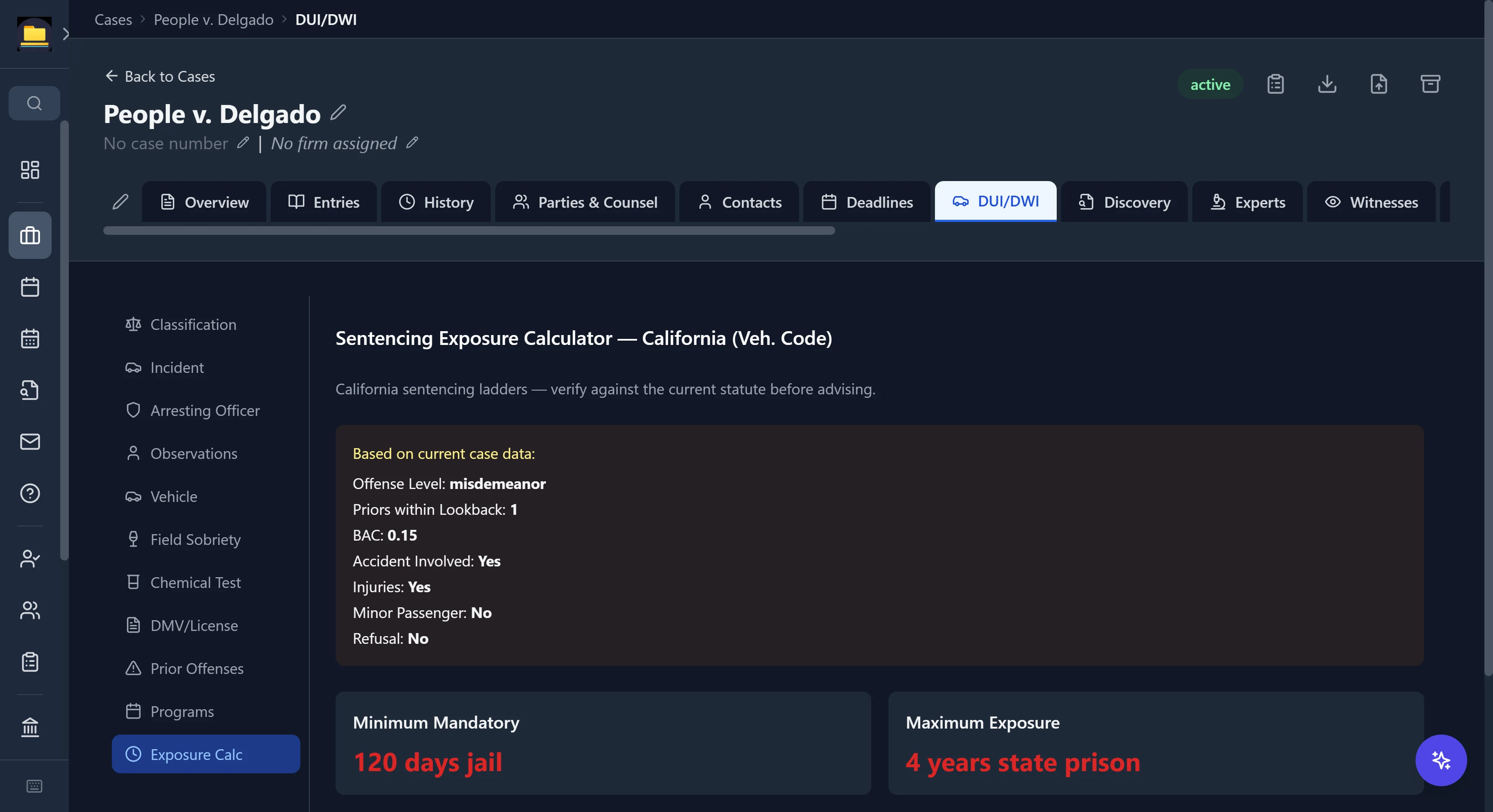 CaseDesk DUI/DWI tab showing a California sentencing exposure calculator that computes minimum mandatory jail and maximum exposure from the case facts
