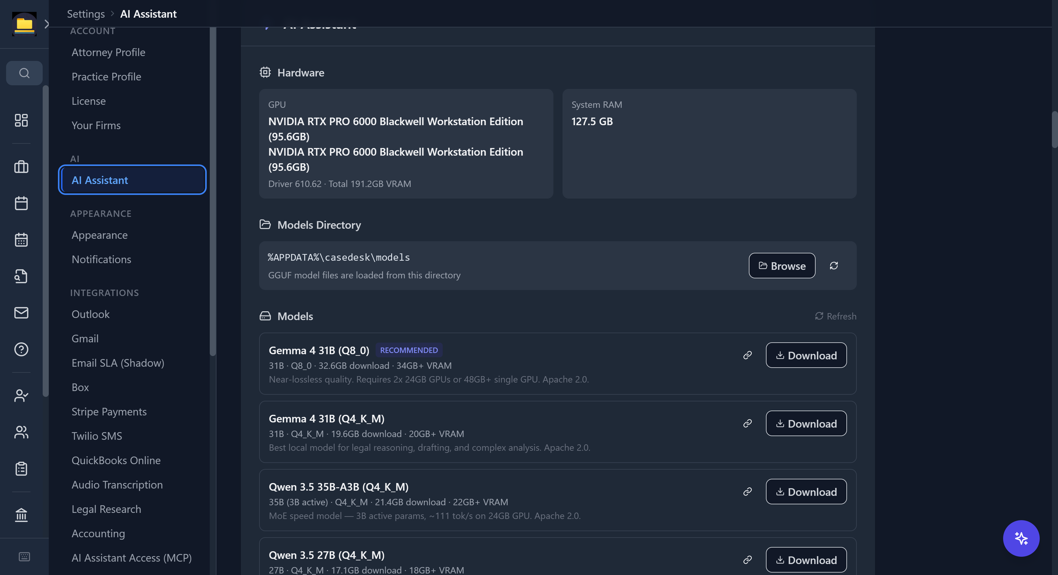CaseDesk local AI settings with GPU hardware detection and a catalog of downloadable local GGUF models