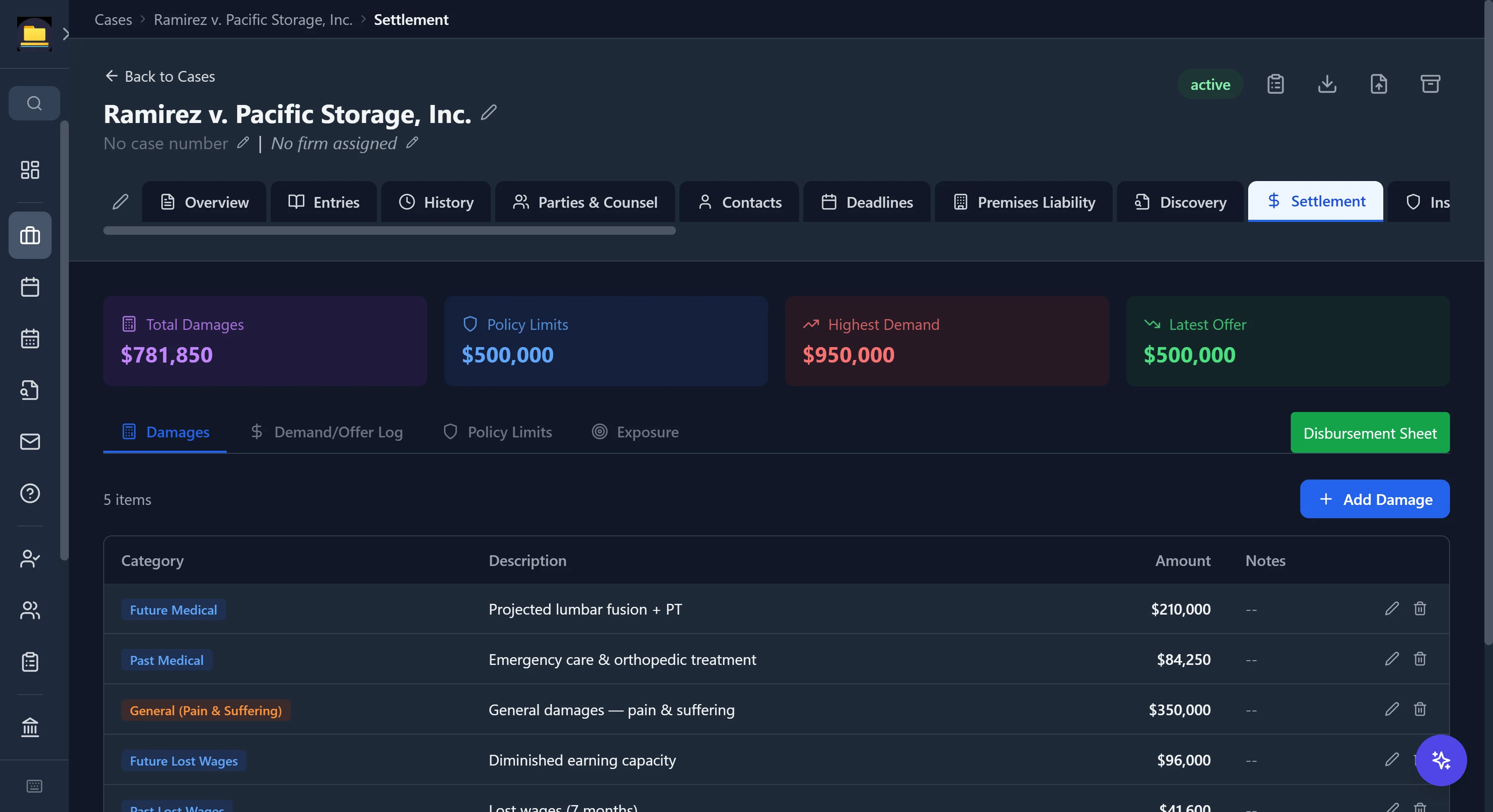 CaseDesk settlement tracker with total-damages, policy-limits, highest-demand, and latest-offer cards over a categorized damages table
