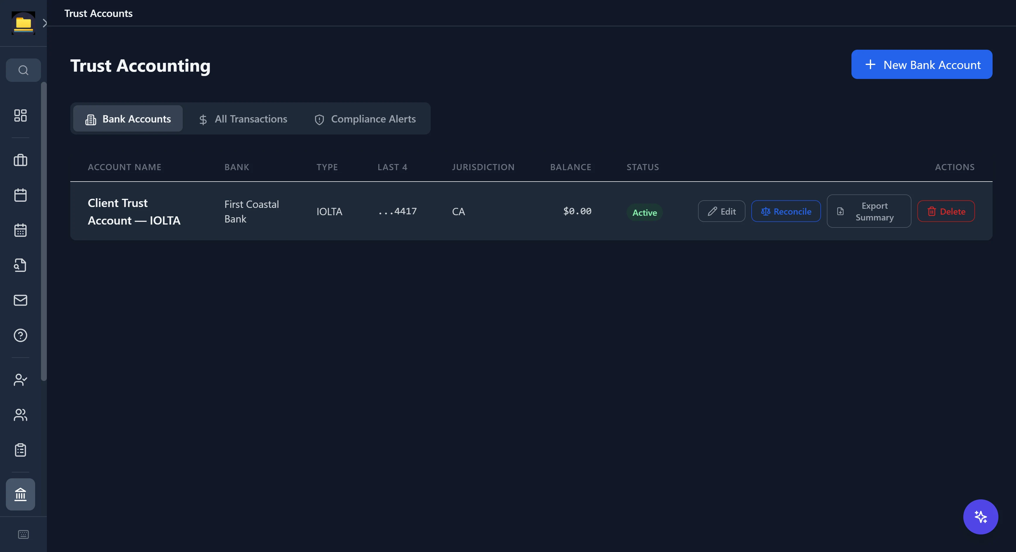 CaseDesk trust accounting with an IOLTA account, reconcile action, transactions and compliance alerts tabs